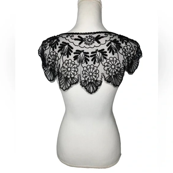 Vintage Black Beaded Mesh Floral Design Bolero Collar Shaw Belt Multi-way Piece - Picture 4 of 16